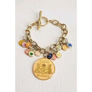 Juicy Couture Logo Medallion Charms Gold Tone Chain Toggle Bracelet Y2K 8"